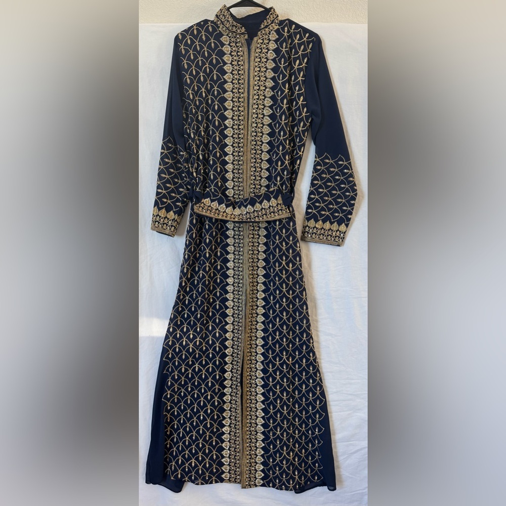Embroidered Women’s Long Navy blue Gold StonesMuslim Long Sleev Dress Wedding S
